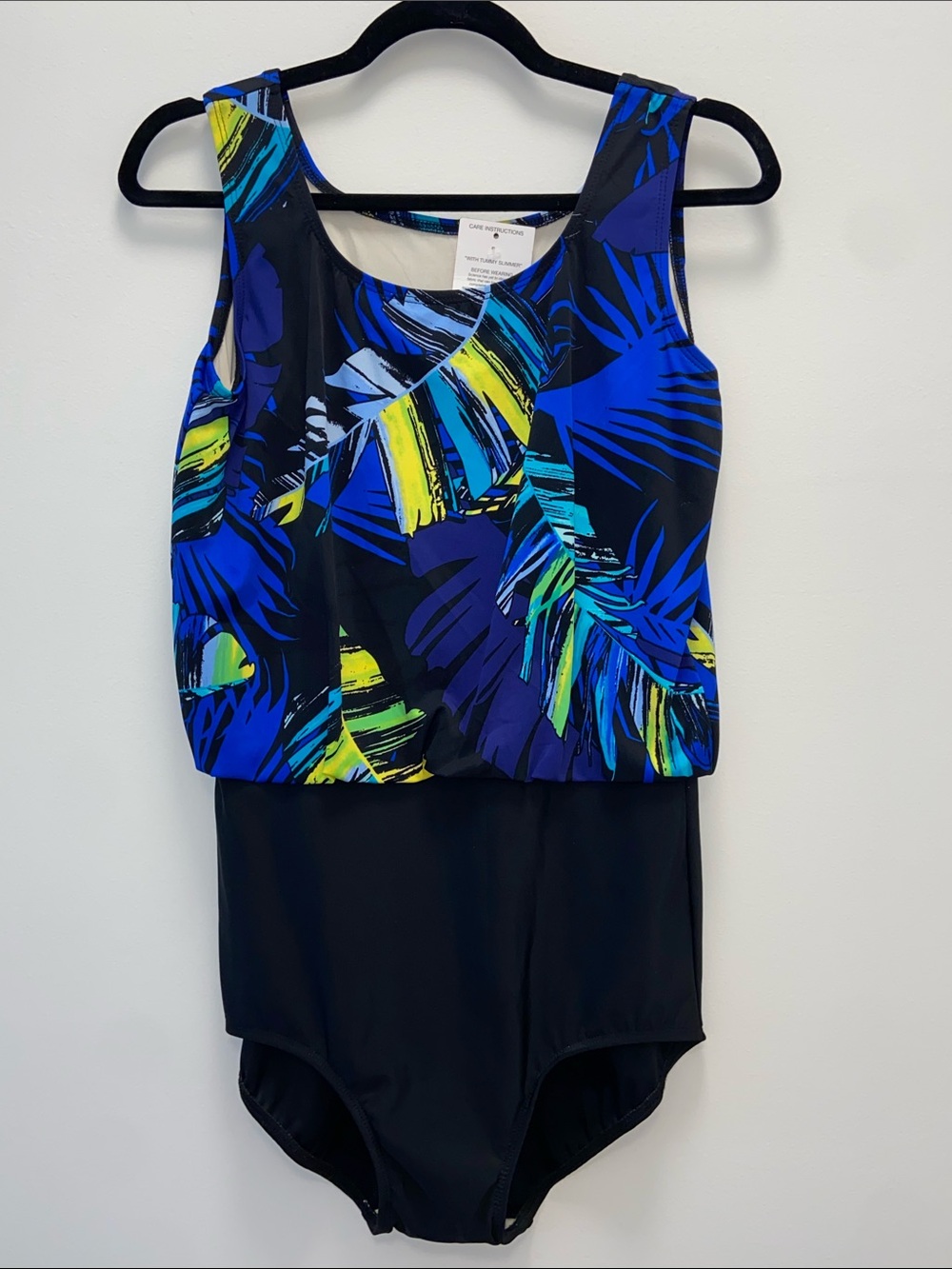 T.H.E. Women’s Blue Tropical Print  Black Bottom One-Piece Swim Suit
